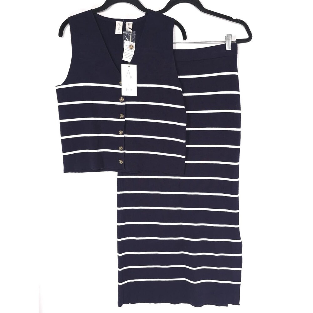 JOIE Womenโs New Matching Set Striped Knit Vest Maxi Skirt LARGE Nautical
